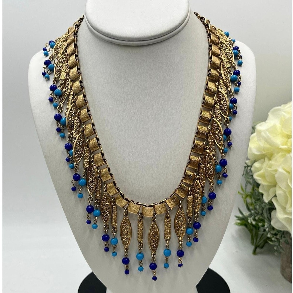 Vintage Etruscan Revival Victorian Era Filigree Dangle Book Chain Bib‎ Necklace